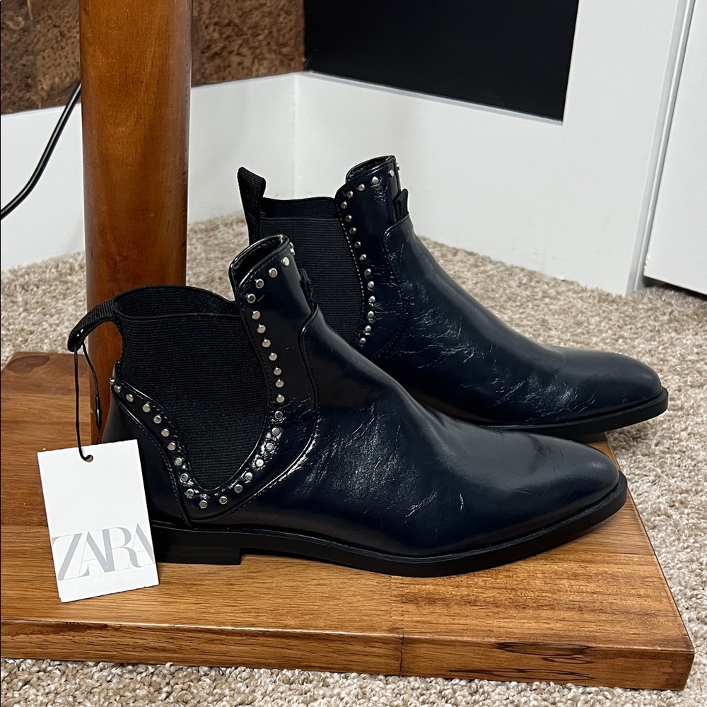 Zara Dark Blue Faux Leather Ankle Boots with Stud Accents NWT
